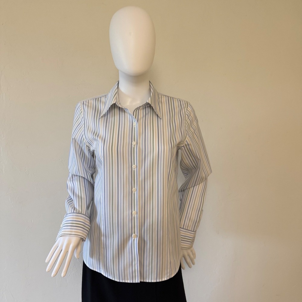 Talbots Petites Wrinkle Resistant Striped‎ Button Down Shirt Blue Green Tan 10